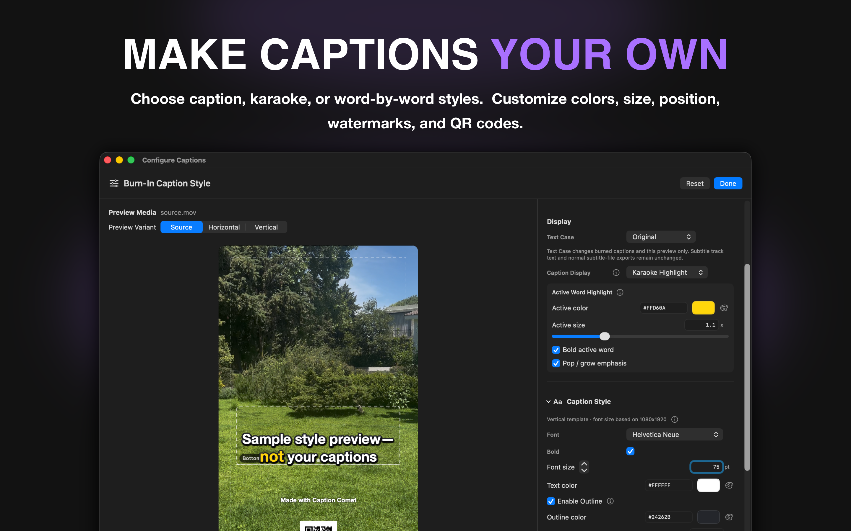 Caption Comet burn settings for caption styling, position, watermarks, and QR codes