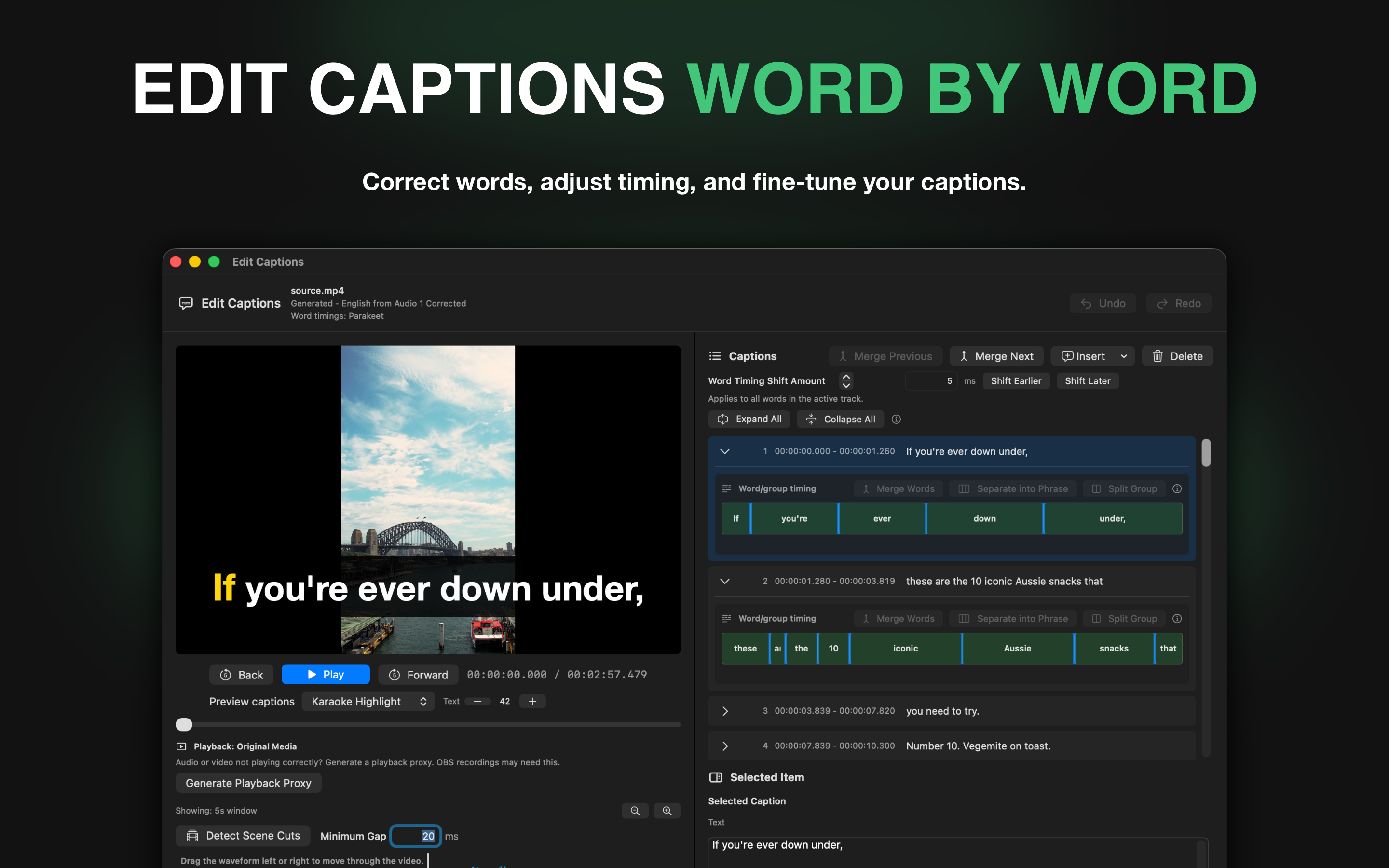 Caption Comet word-level caption editor with video preview and timing controls