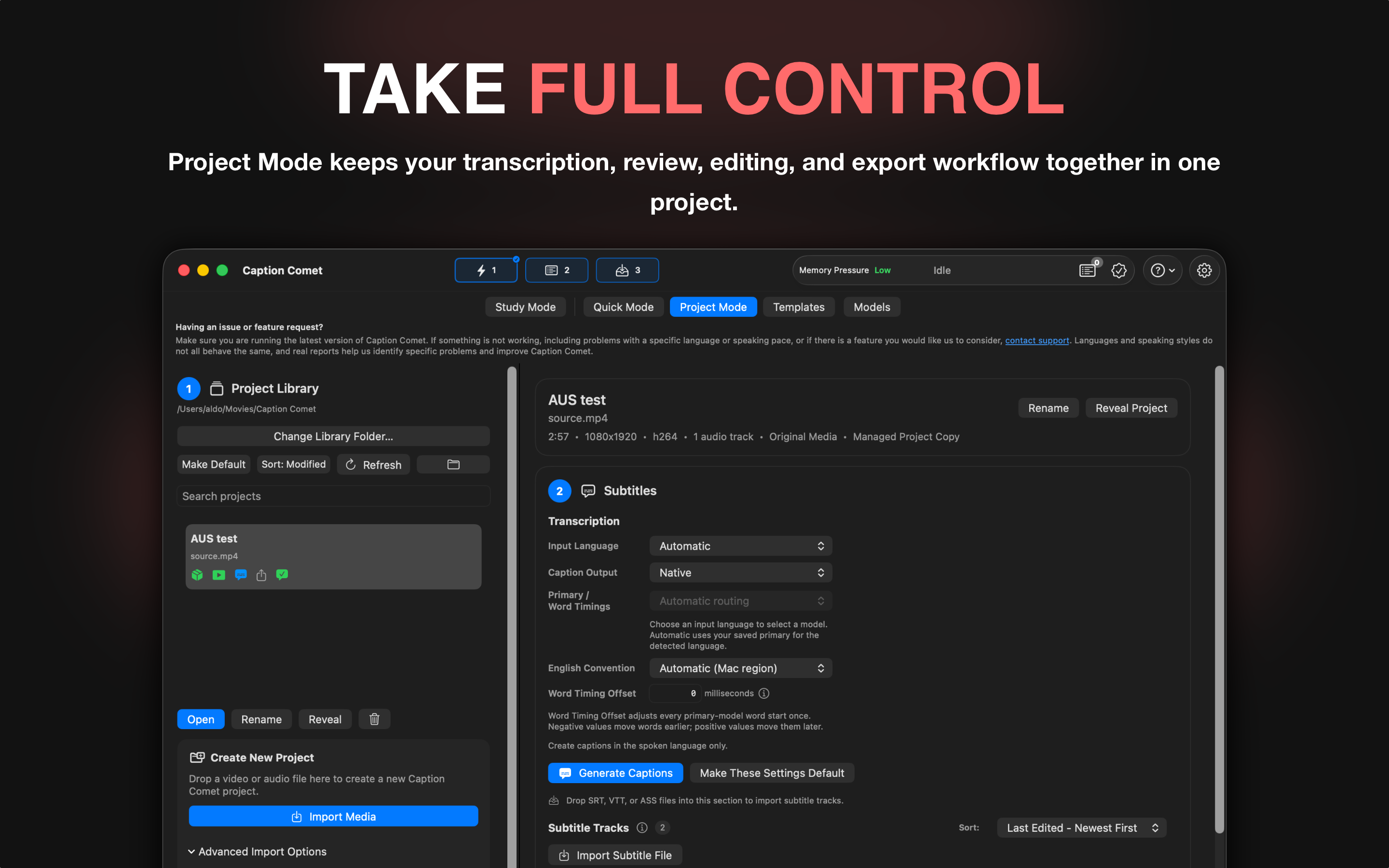 Caption Comet Project Mode for review, editing, styling, and export