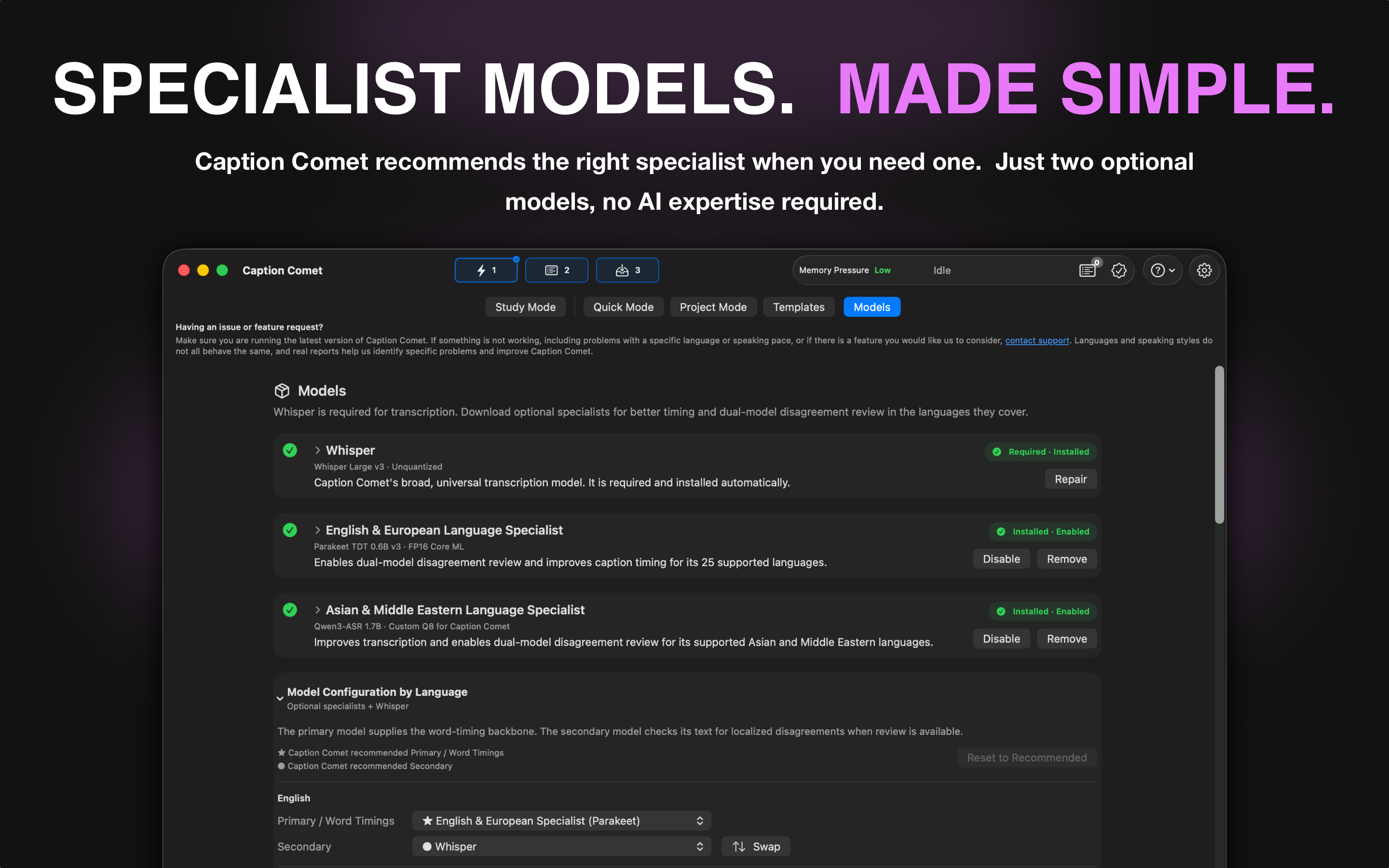 Caption Comet model setup recommending an optional language specialist