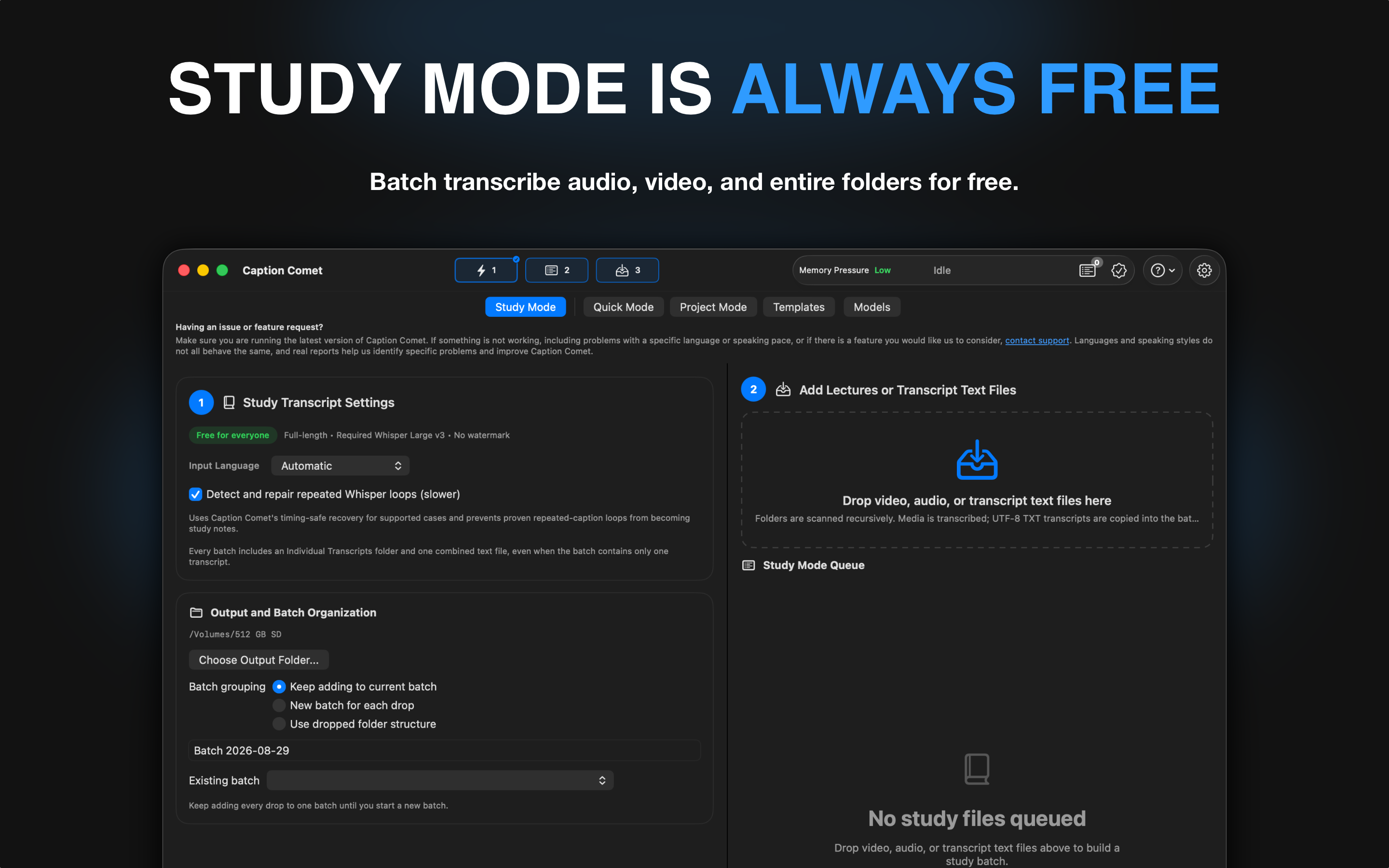 Caption Comet Study Mode for free local batch transcription of audio, video, and folders