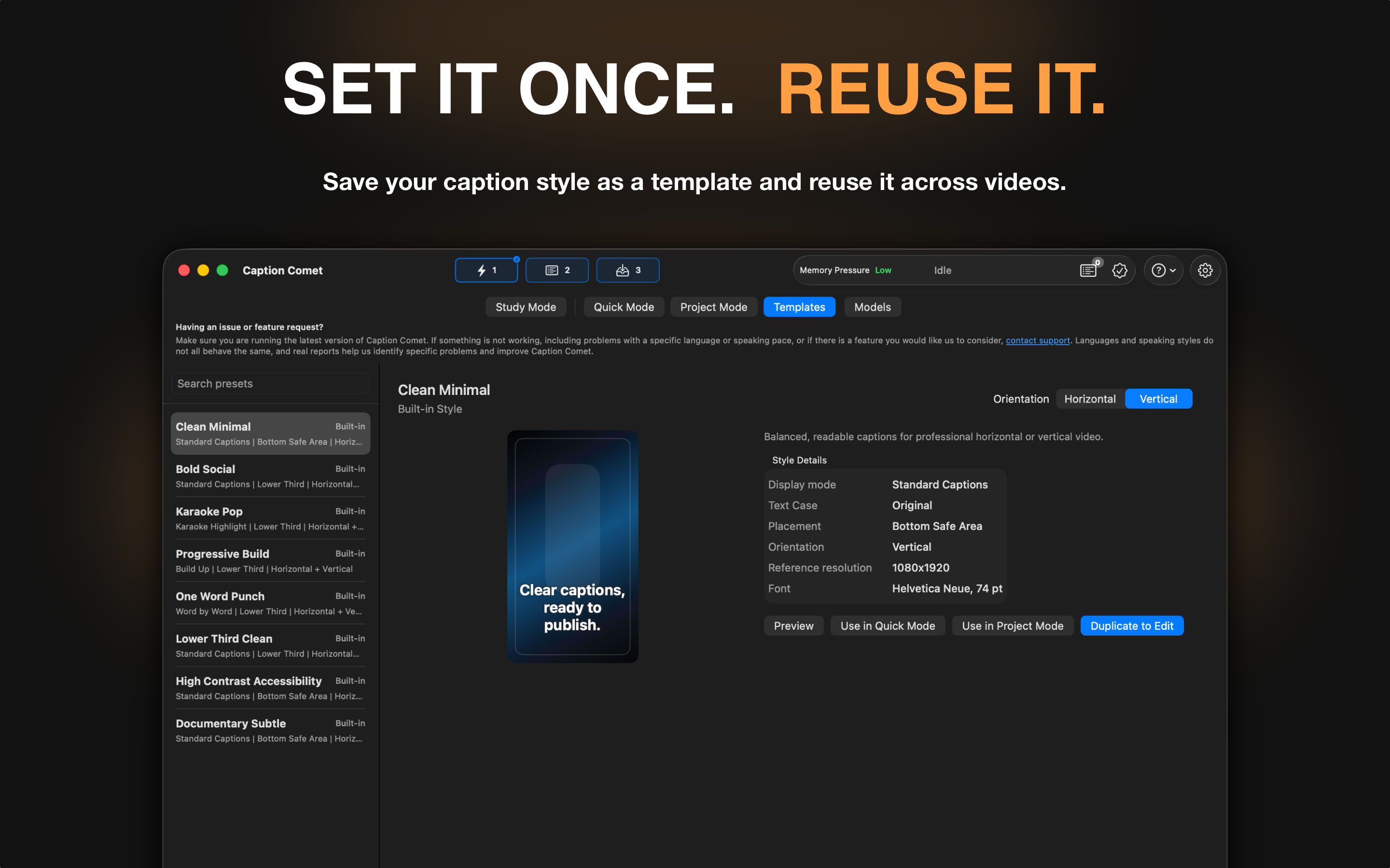 Caption Comet reusable caption and output templates