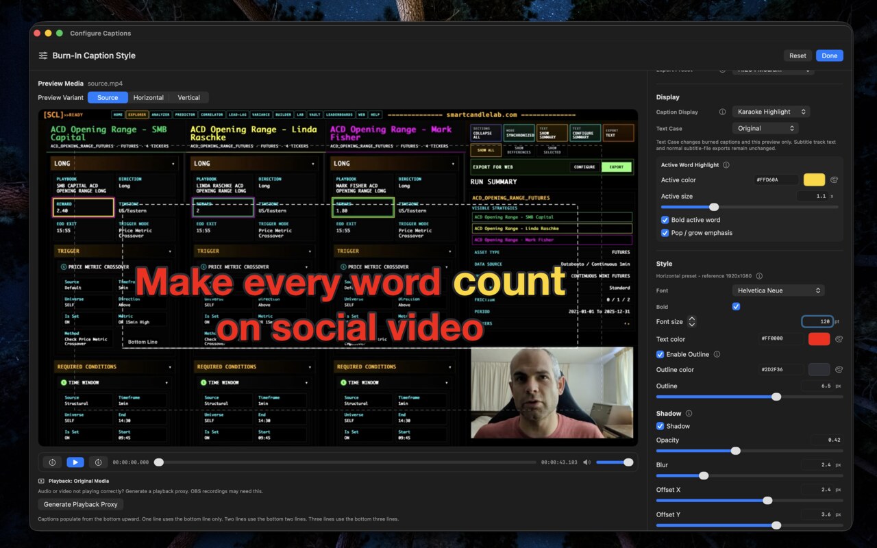 Caption Comet burn configuration ,  caption style and export settings