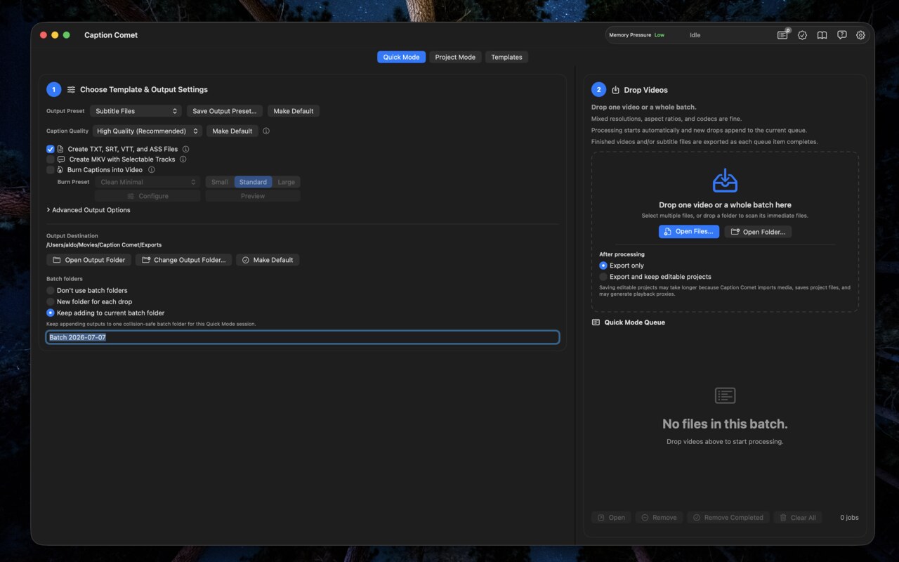 Caption Comet Quick Mode ,  drop videos to process automatically