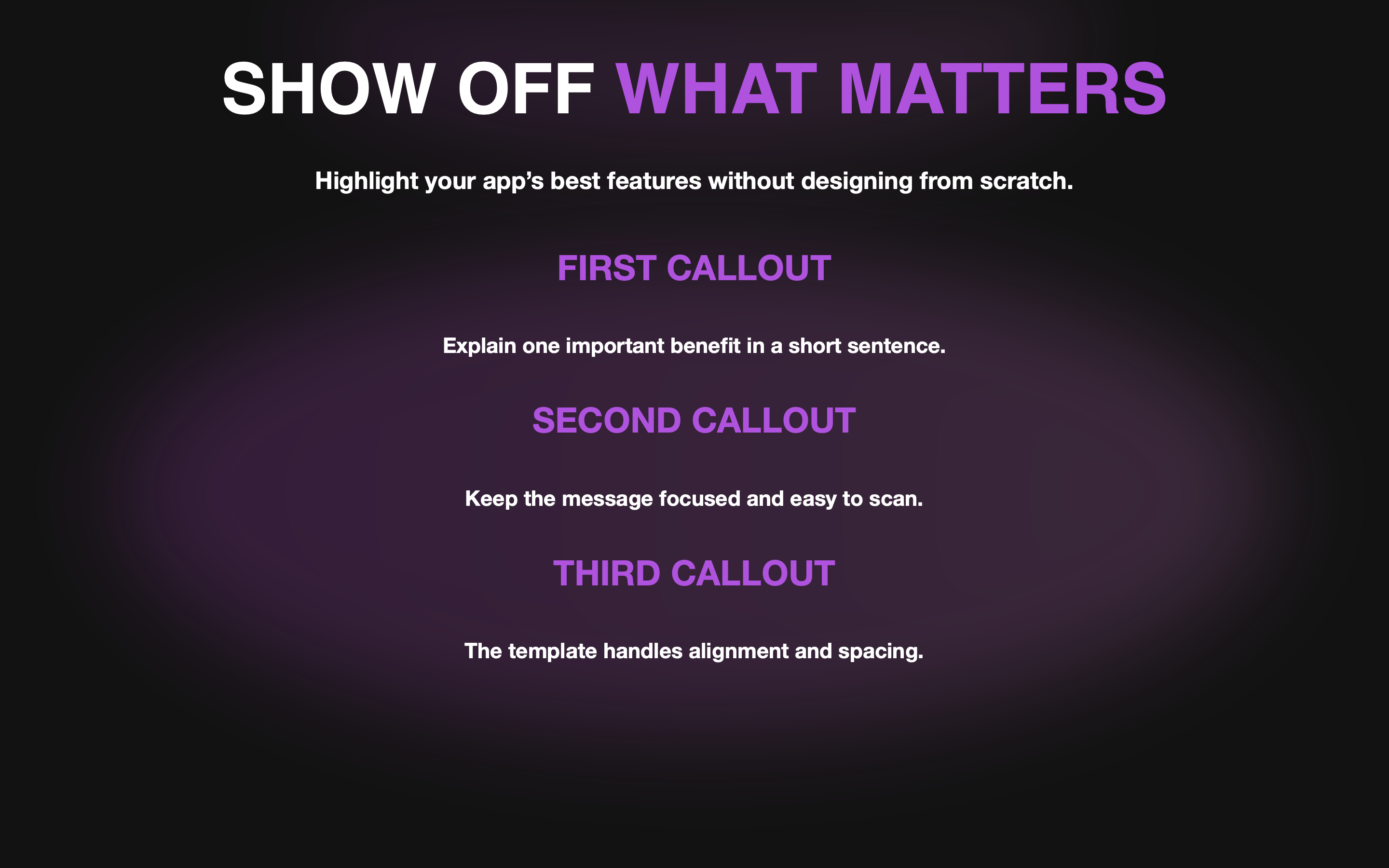 Fast App Screens output using three structured feature callouts instead of an app screenshot