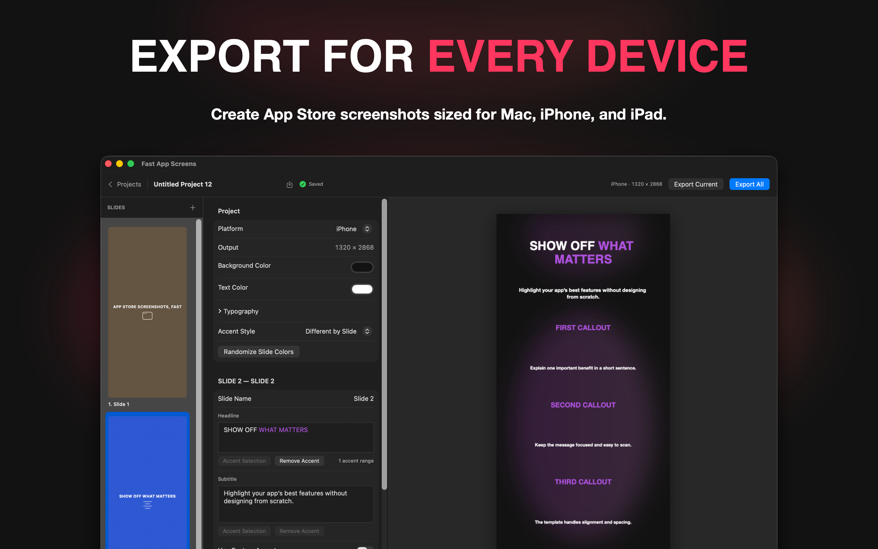 Fast App Screens showing an iPhone App Store screenshot preview and device output controls