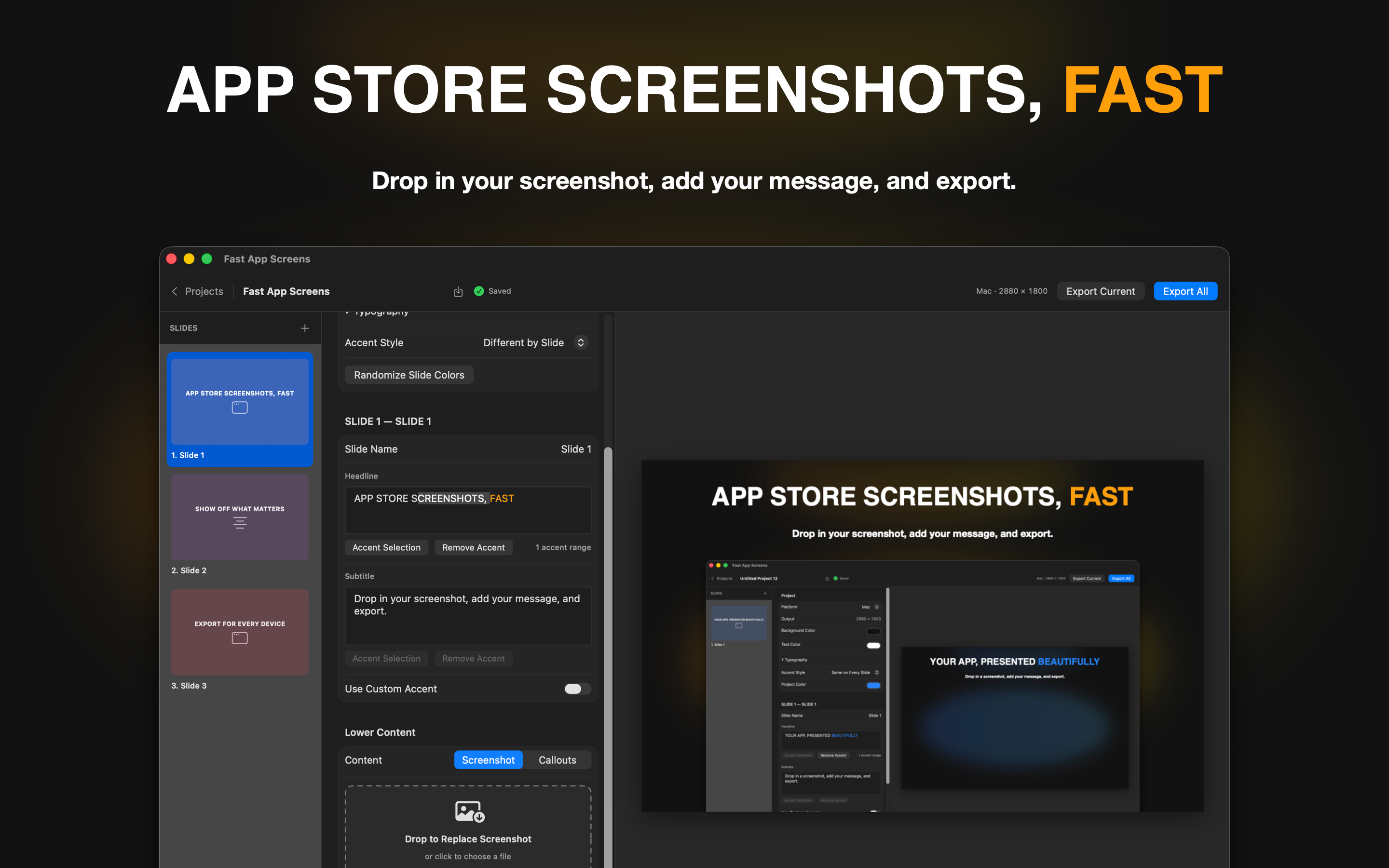 Fast App Screens editor with structured project and slide controls beside a live App Store screenshot preview
